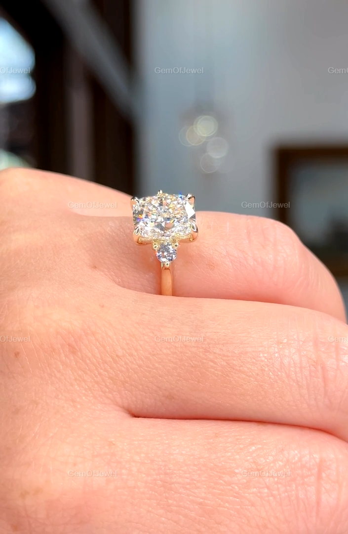 4CT Cushion Elongated Moissanite Three Stone Engagement Ring, Cushion Moissanite DIamond Ring, Wedding Ring With Side Round Moissanite Ring