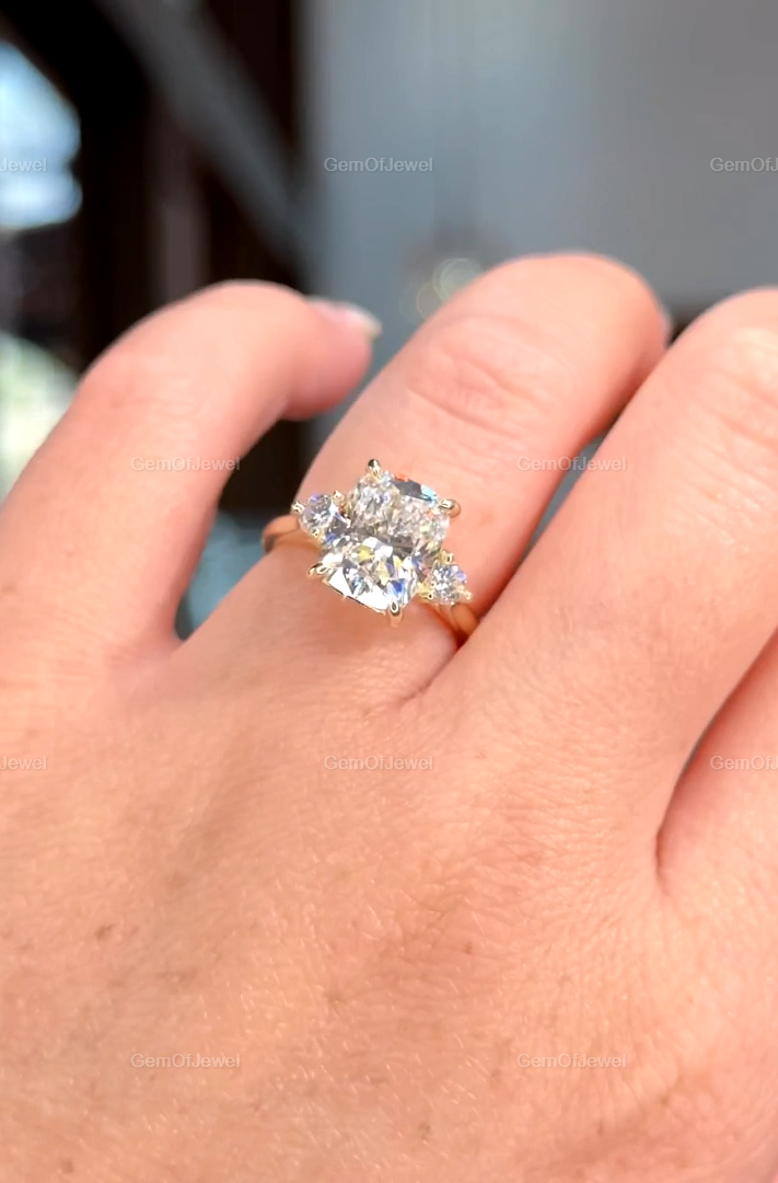 4CT Cushion Elongated Moissanite Three Stone Engagement Ring, Cushion Moissanite DIamond Ring, Wedding Ring With Side Round Moissanite Ring