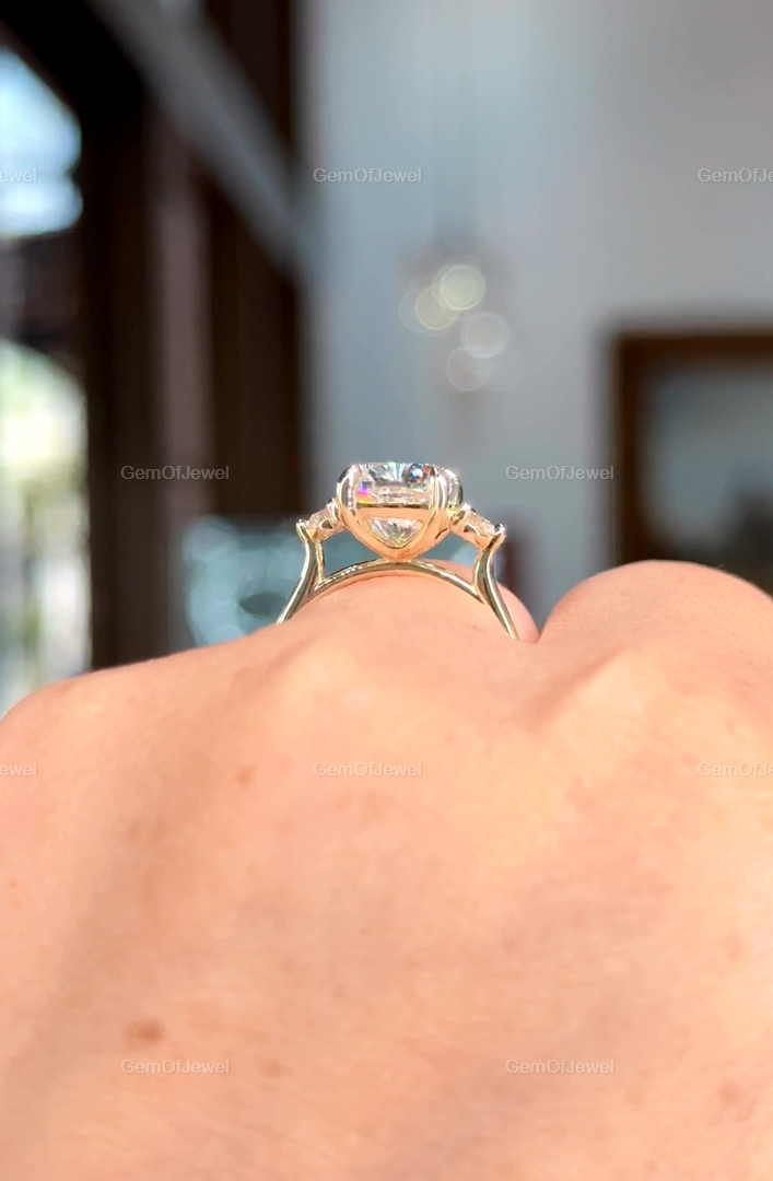 4CT Cushion Elongated Moissanite Three Stone Engagement Ring, Cushion Moissanite DIamond Ring, Wedding Ring With Side Round Moissanite Ring