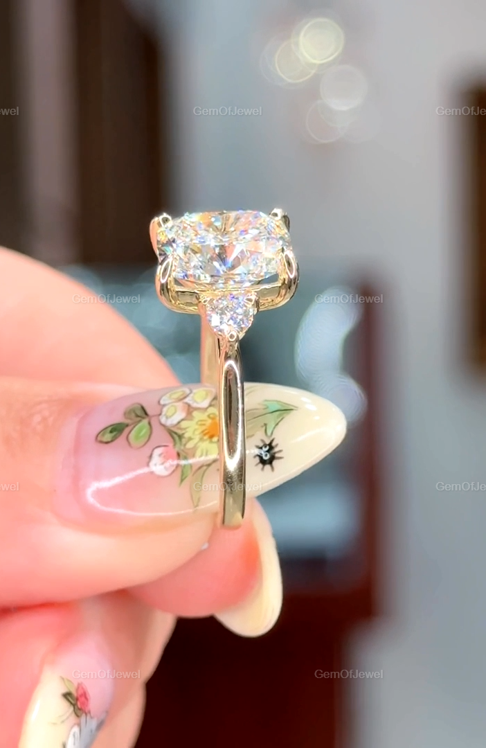 4CT Cushion Elongated Moissanite Three Stone Engagement Ring, Cushion Moissanite DIamond Ring, Wedding Ring With Side Round Moissanite Ring