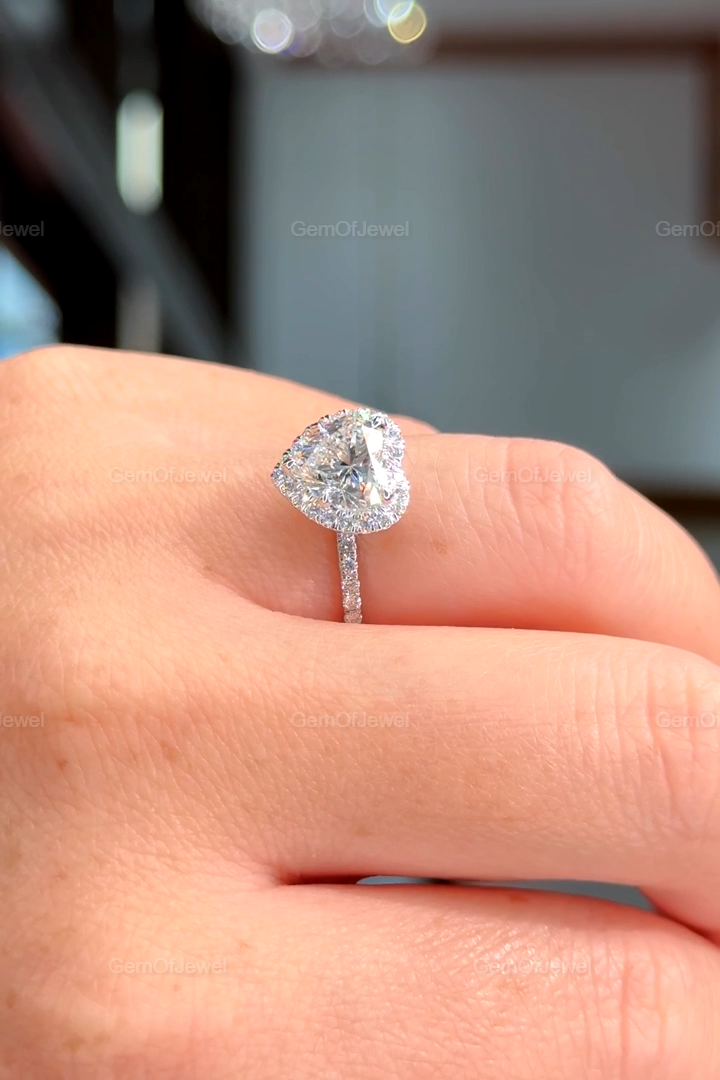 2CT Heart Diamond Moissanite Engagement Ring With Halo And Petal Prong Of Moissanite Diamonds Ring With Pave Eternity, Lotus Prong Ring