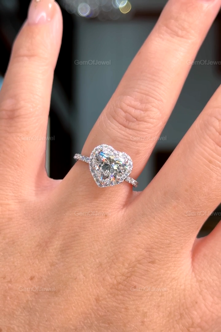 2CT Heart Diamond Moissanite Engagement Ring With Halo And Petal Prong Of Moissanite Diamonds Ring With Pave Eternity, Lotus Prong Ring