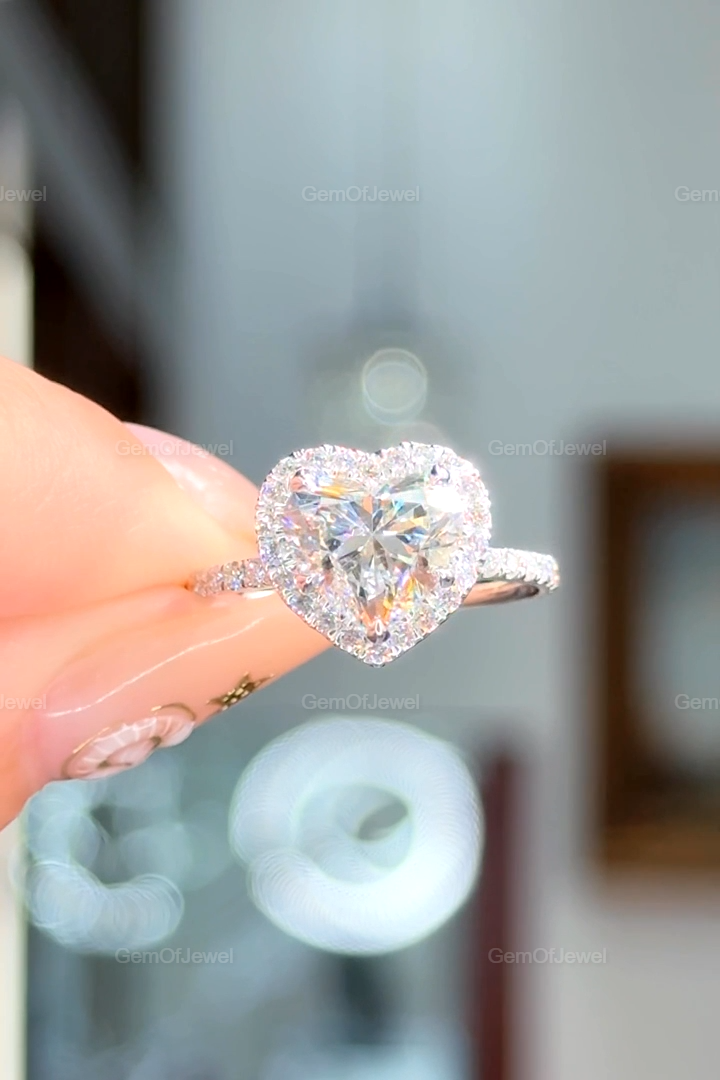 2CT Heart Diamond Moissanite Engagement Ring With Halo And Petal Prong Of Moissanite Diamonds Ring With Pave Eternity, Lotus Prong Ring