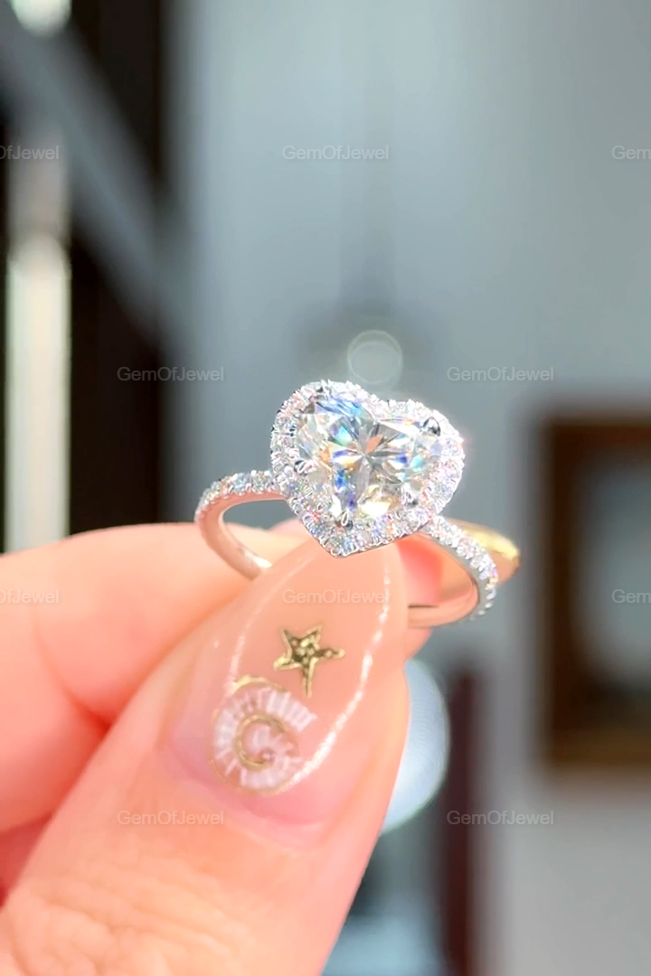2CT Heart Diamond Moissanite Engagement Ring With Halo And Petal Prong Of Moissanite Diamonds Ring With Pave Eternity, Lotus Prong Ring