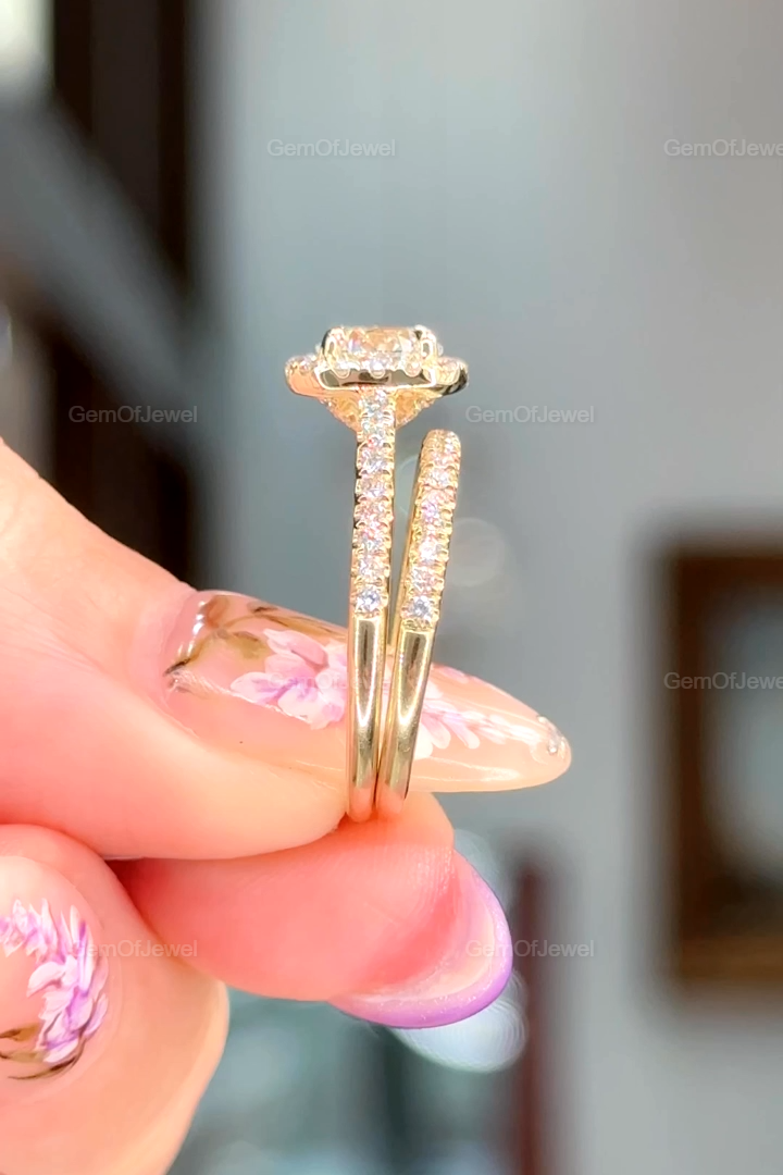 1CT Round Moissanite With Halo Engagement Ring, Round Cut Ring With Diamonds On Prong, 1CT Round Cut Ring With Matching Band Bridal Ring Set