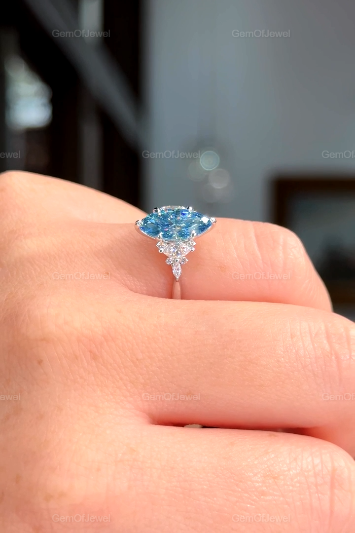 Fancy Vivid Blue Marquise Lab Sapphire Ring with Side Moissanite Diamond Stones Engagement Ring, 1 CT Marquise Blue Lab Diamond Ring For Her