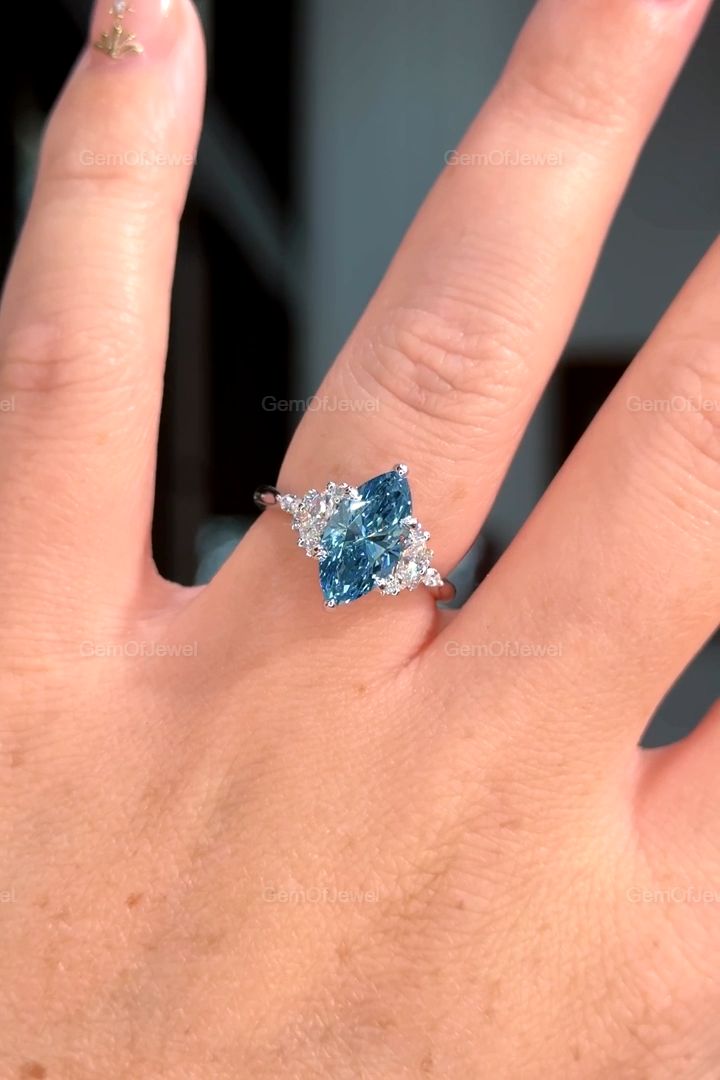Fancy Vivid Blue Marquise Lab Sapphire Ring with Side Moissanite Diamond Stones Engagement Ring, 1 CT Marquise Blue Lab Diamond Ring For Her