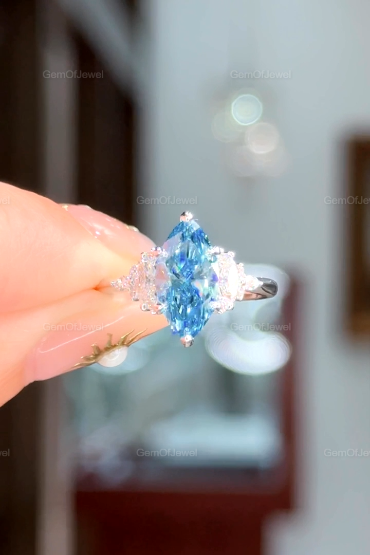 Fancy Vivid Blue Marquise Lab Sapphire Ring with Side Moissanite Diamond Stones Engagement Ring, 1 CT Marquise Blue Lab Diamond Ring For Her