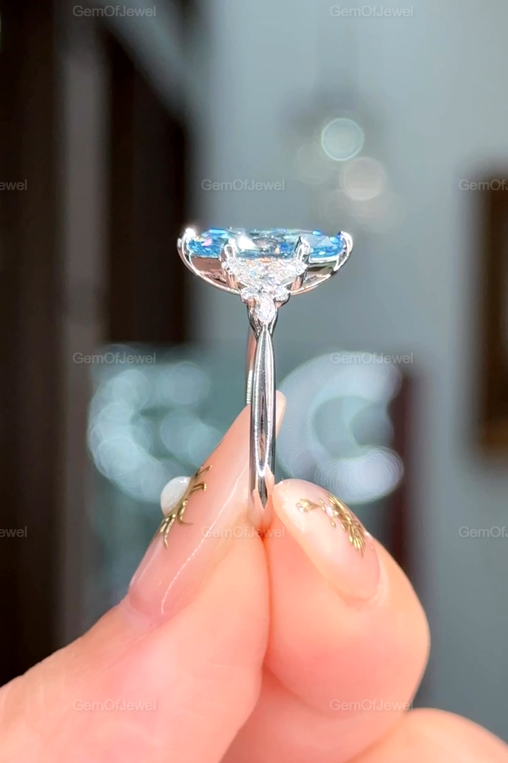 Fancy Vivid Blue Marquise Lab Sapphire Ring with Side Moissanite Diamond Stones Engagement Ring, 1 CT Marquise Blue Lab Diamond Ring For Her