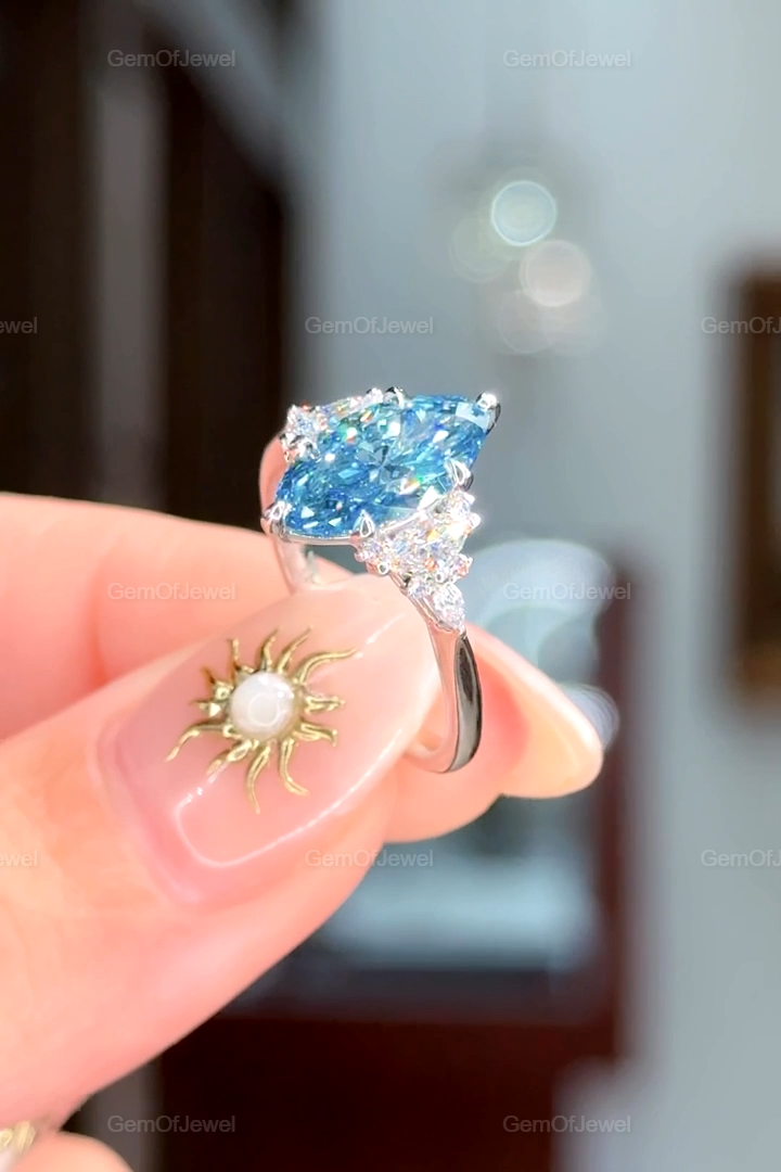 Fancy Vivid Blue Marquise Lab Sapphire Ring with Side Moissanite Diamond Stones Engagement Ring, 1 CT Marquise Blue Lab Diamond Ring For Her