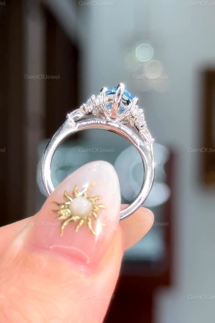 Fancy Vivid Blue Marquise Lab Sapphire Ring with Side Moissanite Diamond Stones Engagement Ring, 1 CT Marquise Blue Lab Diamond Ring For Her