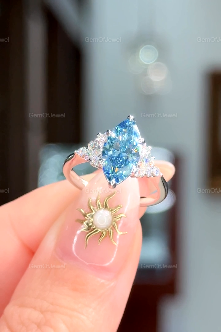 Fancy Vivid Blue Marquise Lab Sapphire Ring with Side Moissanite Diamond Stones Engagement Ring, 1 CT Marquise Blue Lab Diamond Ring For Her