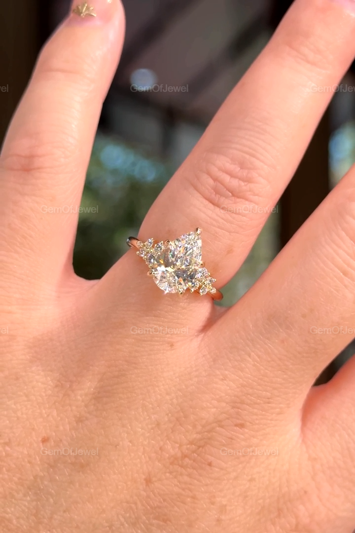 Pear Shape Moissanite Engagement Cluster Ring, Yellow Gold Moissanite Ring, Pear Diamond Cluster Ring, Unique Anniversary Ring For Women