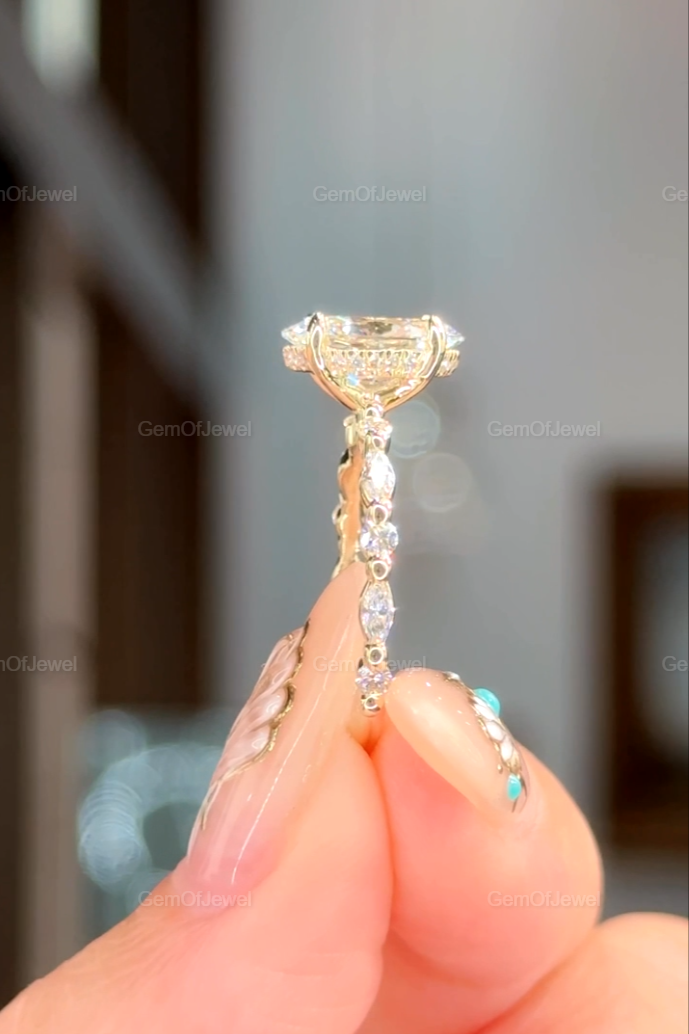 2ct Oval Moissanite Diamond Engagement Ring With Side Stone Marquise And Round Moissanite 14K Gold Hidden Halo Ring, Oval Bubble Band Ring