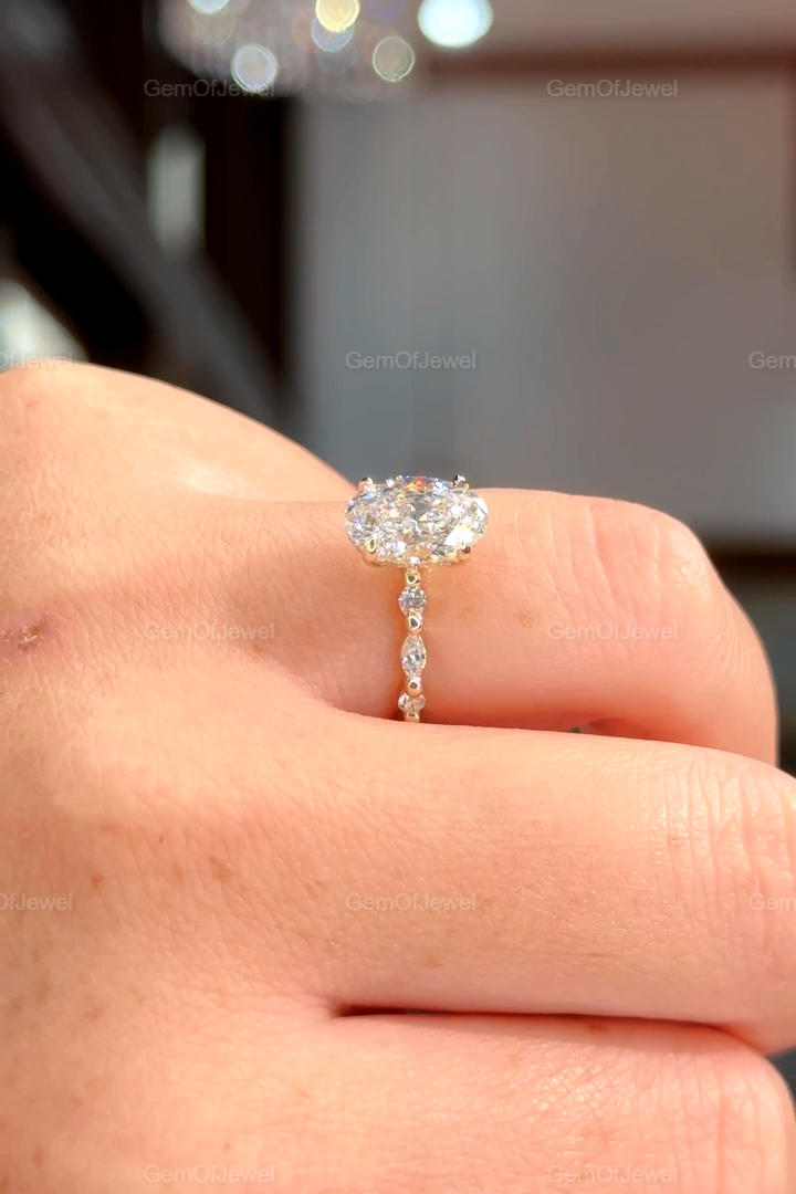 2ct Oval Moissanite Diamond Engagement Ring With Side Stone Marquise And Round Moissanite 14K Gold Hidden Halo Ring, Oval Bubble Band Ring