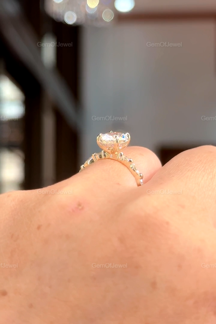 2ct Oval Moissanite Diamond Engagement Ring With Side Stone Marquise And Round Moissanite 14K Gold Hidden Halo Ring, Oval Bubble Band Ring