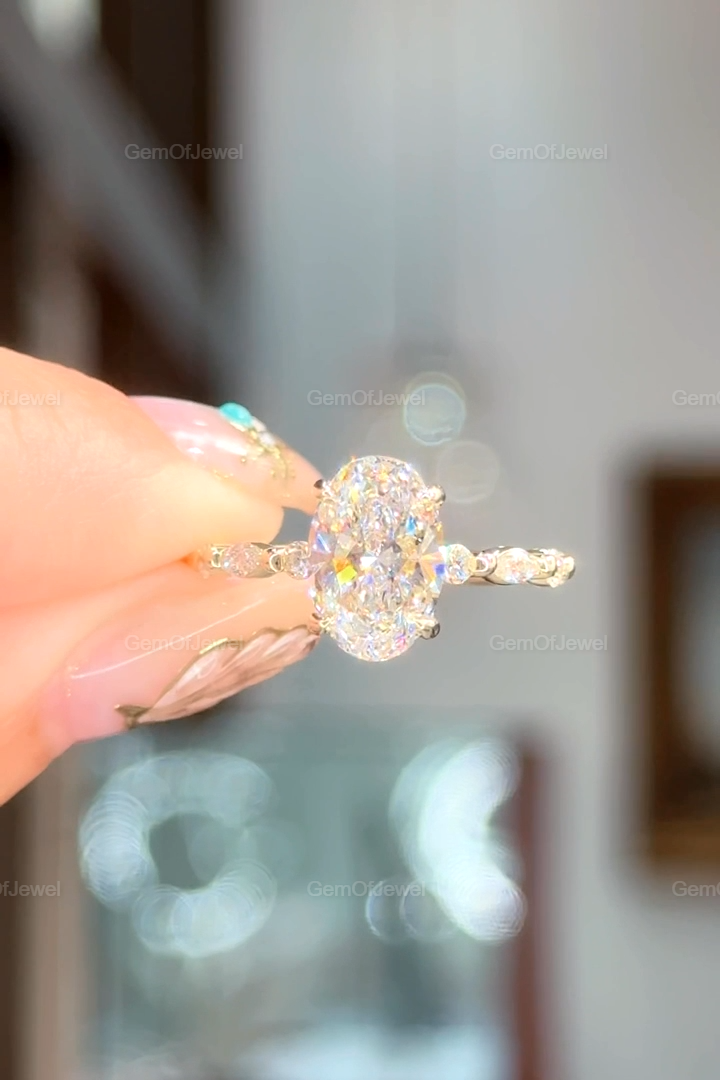 2ct Oval Moissanite Diamond Engagement Ring With Side Stone Marquise And Round Moissanite 14K Gold Hidden Halo Ring, Oval Bubble Band Ring
