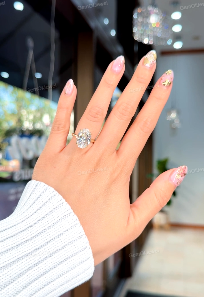 6CT Oval Moissanite Diamond Engagement Ring, Petal Prong Ring, 6Ct Oval With Lotus Prong Ring, Tulip Prong Ring With Round Moissanite Ring