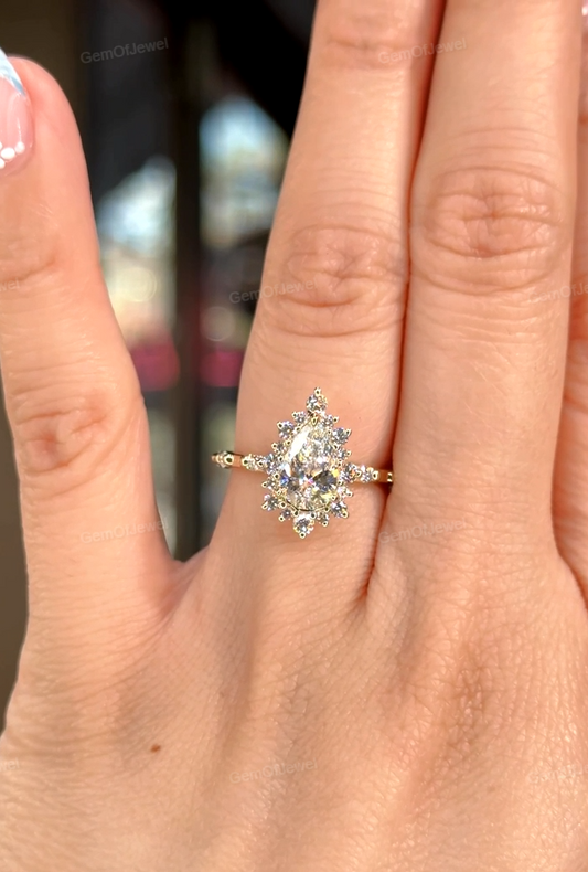 Pear Moissanite Diamond Ring, Pear Diamond Ring With Round Diamond Pave Set Ring, Pear Moissanite Diamond Ring With Pave Bubble Band Ring