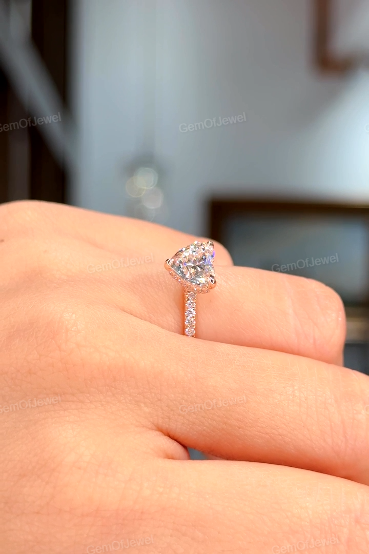 Heart Diamond 2CT Moissanite Engagement Ring With Hidden Halo With Round Moissanite Diamonds Pave, Heart Shape Moissanite Diamond Ring Gift