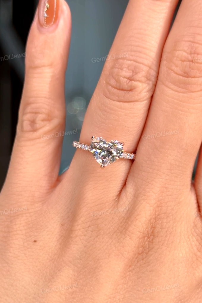 Heart Diamond 2CT Moissanite Engagement Ring With Hidden Halo With Round Moissanite Diamonds Pave, Heart Shape Moissanite Diamond Ring Gift