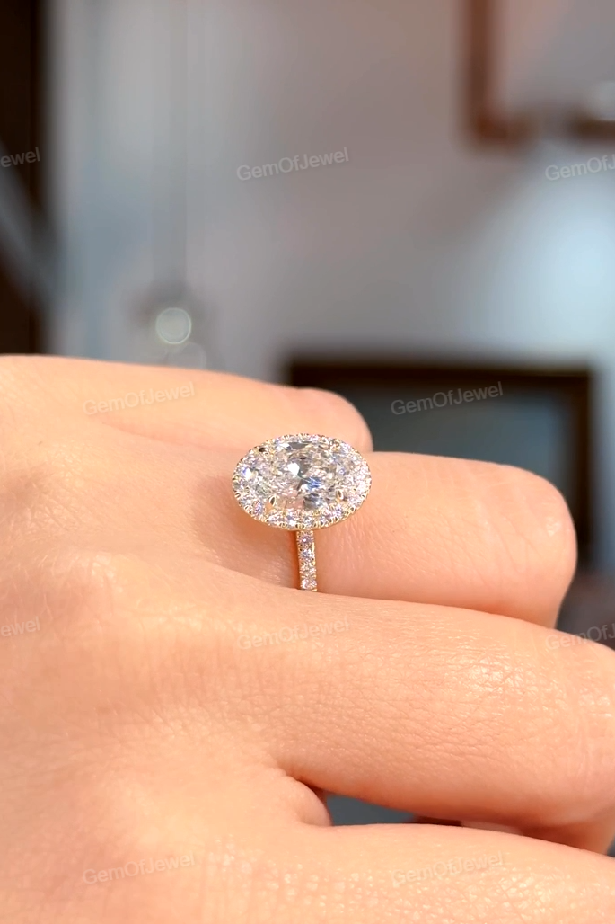 Oval Moissanite Diamond Engagement Ring with Halo & Diamonds On Prong Set, Oval Moissanite 2.5CT Diamond Halo Ring, Oval Cut Moissanite Ring