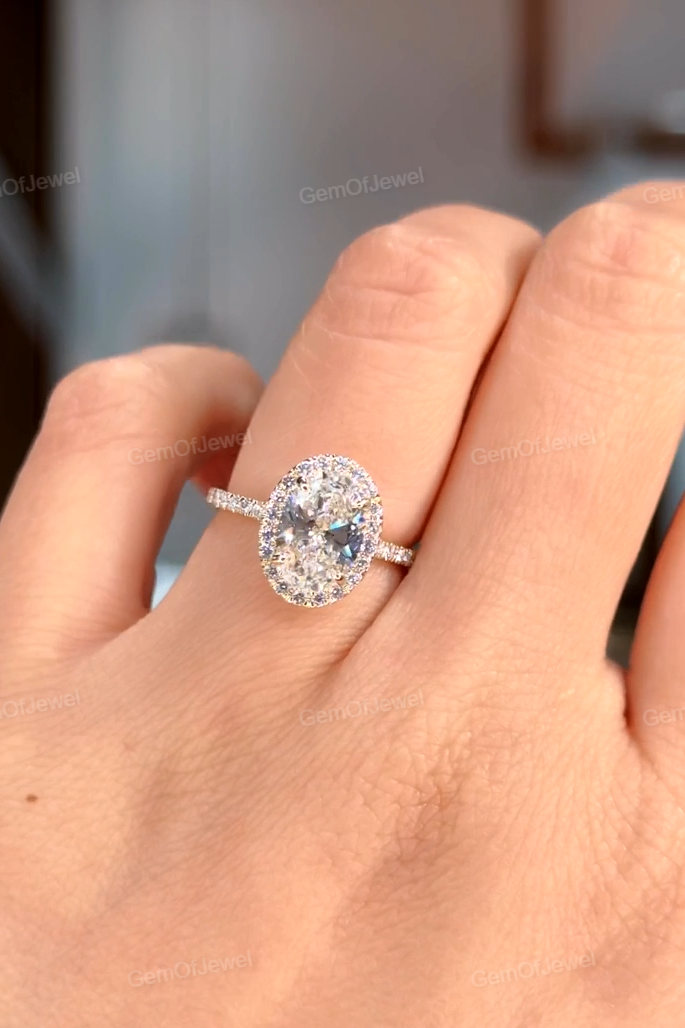 Oval Moissanite Diamond Engagement Ring with Halo & Diamonds On Prong Set, Oval Moissanite 2.5CT Diamond Halo Ring, Oval Cut Moissanite Ring