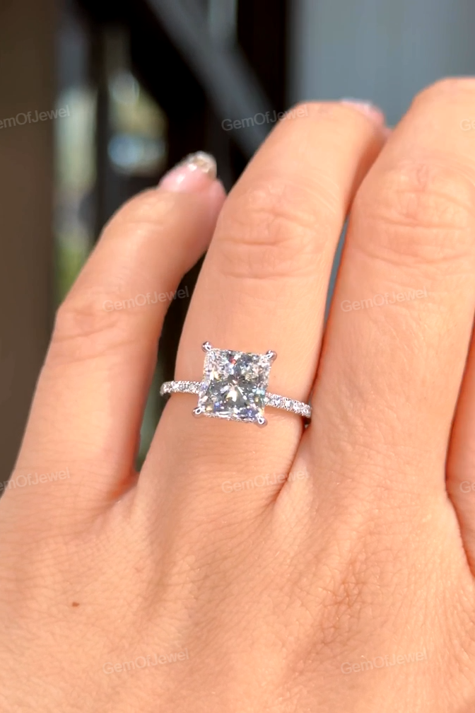 Princess Moissanite 3CT Diamond Ring With Hidden Halo And Pave Eternity Band Ring, Princess Diamond Ring, Princess Moissanite Diamond Ring