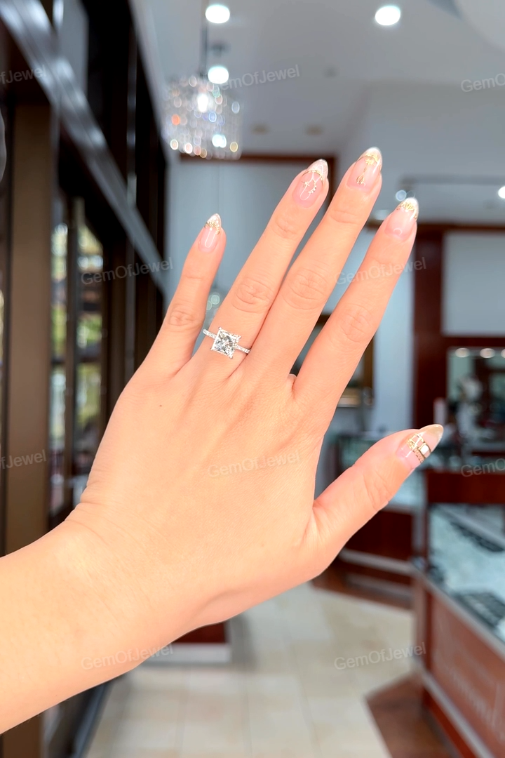 Princess Moissanite 3CT Diamond Ring With Hidden Halo And Pave Eternity Band Ring, Princess Diamond Ring, Princess Moissanite Diamond Ring