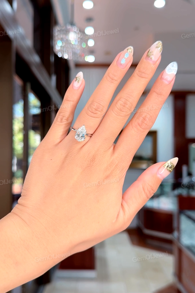 Pear Diamond Moissanite Ring With Halo Ring, Pear Diamond Ring, Pear Moissanite Engagement Ring, 3ct Pear Cut Moissanite Diamond Ring Gift