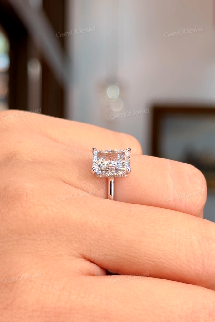 Radiant Moissanite Diamond Engagement Tension Set Ring, Petal Prong With Open Gap Setting With Hidden Halo Diamond Ring, Tension Set Ring