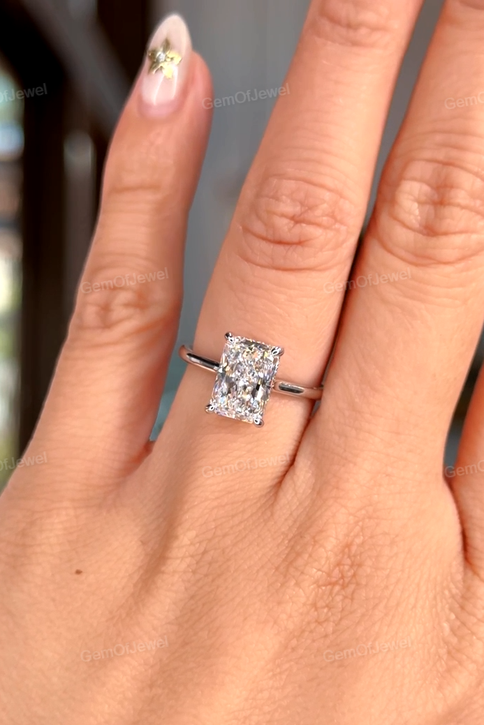 Radiant Moissanite Diamond Engagement Tension Set Ring, Petal Prong With Open Gap Setting With Hidden Halo Diamond Ring, Tension Set Ring