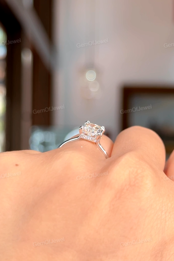Radiant Moissanite Diamond Engagement Tension Set Ring, Petal Prong With Open Gap Setting With Hidden Halo Diamond Ring, Tension Set Ring