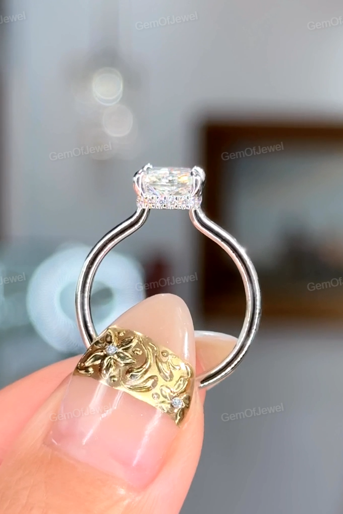 Radiant Moissanite Diamond Engagement Tension Set Ring, Petal Prong With Open Gap Setting With Hidden Halo Diamond Ring, Tension Set Ring