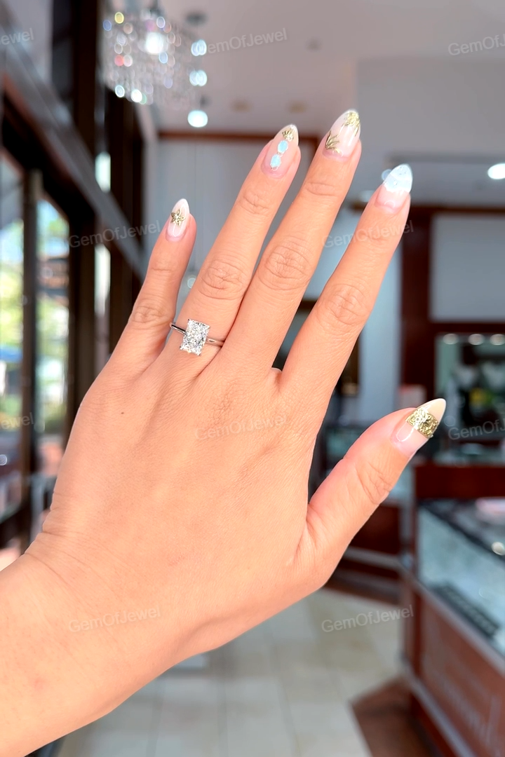 Radiant Moissanite Diamond Engagement Tension Set Ring, Petal Prong With Open Gap Setting With Hidden Halo Diamond Ring, Tension Set Ring