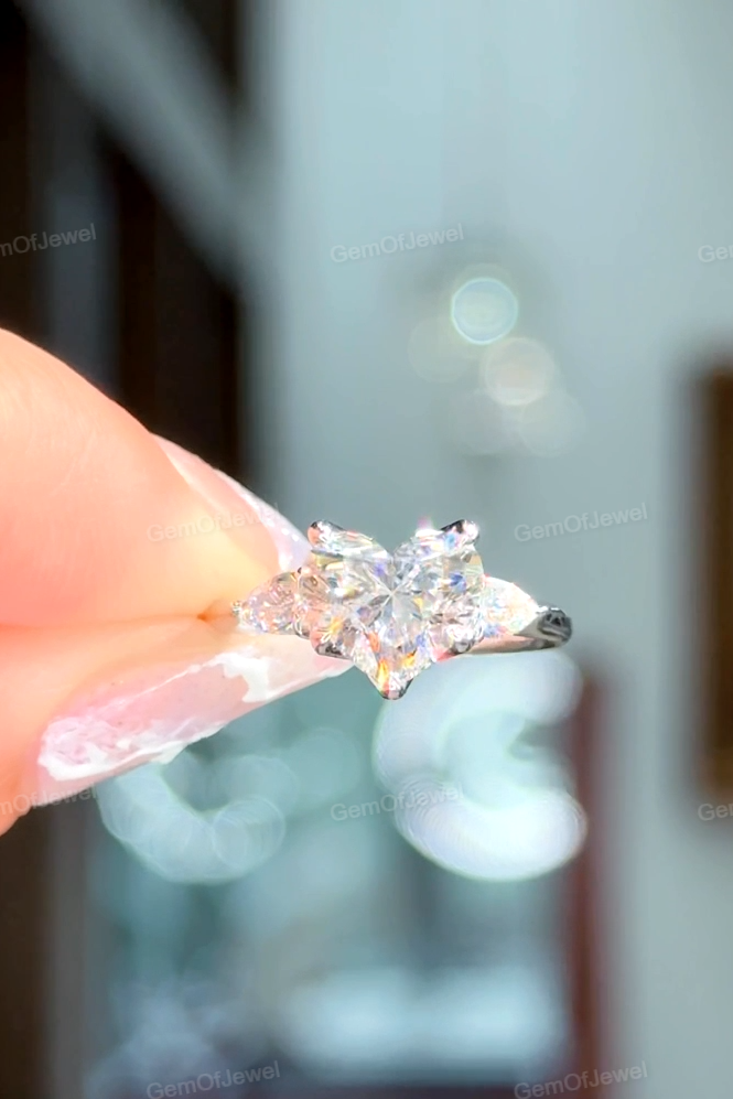 Heart Cut Moissanite Diamond With Pear Moissanite Three Stone Diamonds Ring, Lotus Prong And Tulip Prong Moissanite Diamond Ring, 2ct Ring