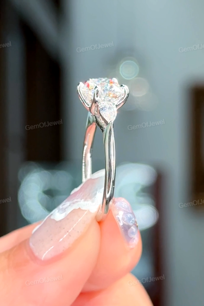 Heart Cut Moissanite Diamond With Pear Moissanite Three Stone Diamonds Ring, Lotus Prong And Tulip Prong Moissanite Diamond Ring, 2ct Ring