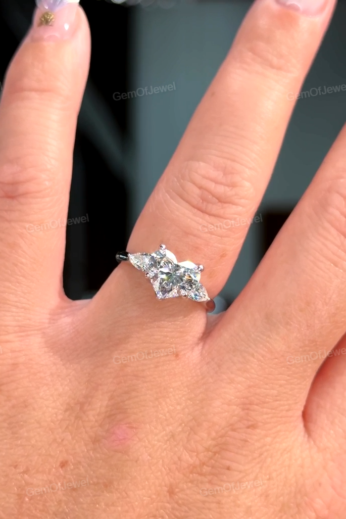 Heart Cut Moissanite Diamond With Pear Moissanite Three Stone Diamonds Ring, Lotus Prong And Tulip Prong Moissanite Diamond Ring, 2ct Ring