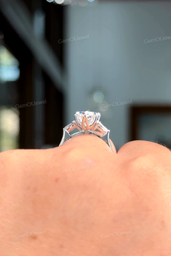 Heart Cut Moissanite Diamond With Pear Moissanite Three Stone Diamonds Ring, Lotus Prong And Tulip Prong Moissanite Diamond Ring, 2ct Ring