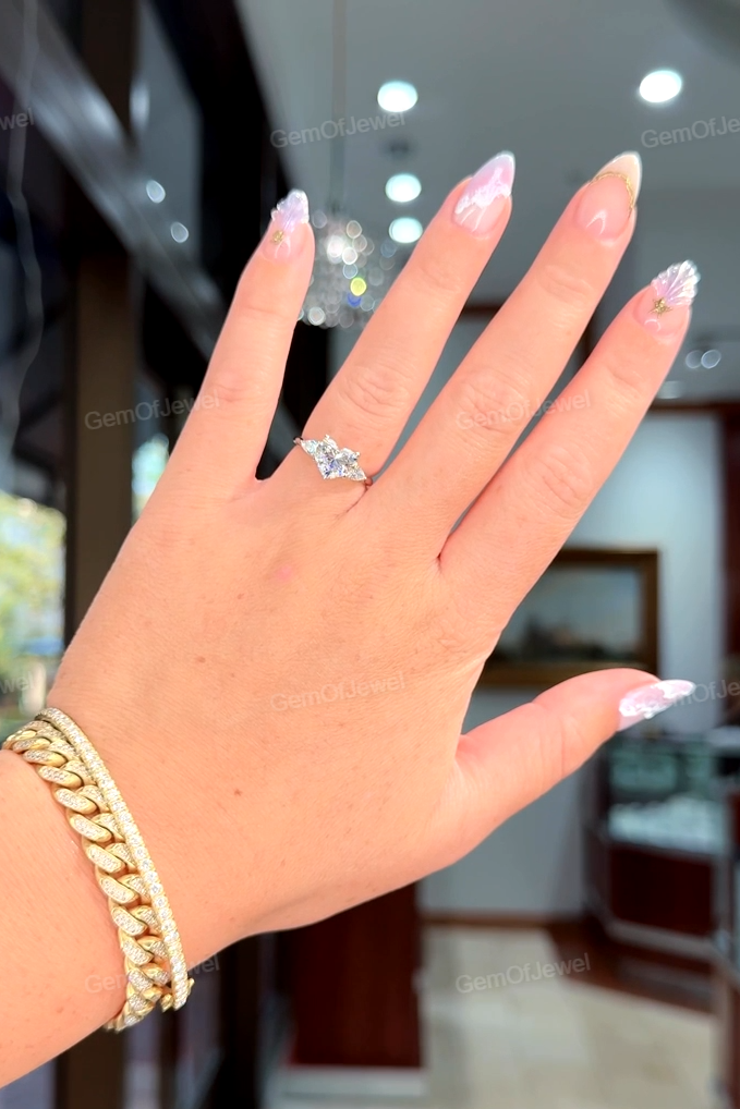 Heart Cut Moissanite Diamond With Pear Moissanite Three Stone Diamonds Ring, Lotus Prong And Tulip Prong Moissanite Diamond Ring, 2ct Ring