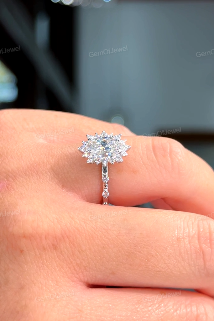 Oval Moissanite Diamond Ring, Flower Halo With Floating Bubble Diamonds Ring, Cluster Halo Pave Set Diamonds Ring, Oval Moissanite Ring