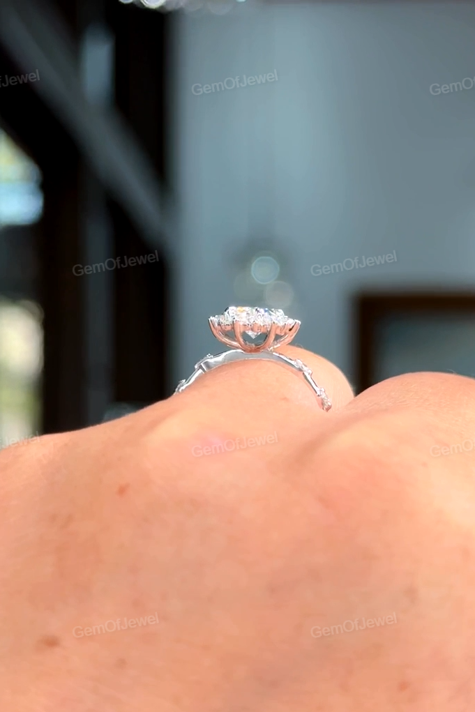 Oval Moissanite Diamond Ring, Flower Halo With Floating Bubble Diamonds Ring, Cluster Halo Pave Set Diamonds Ring, Oval Moissanite Ring