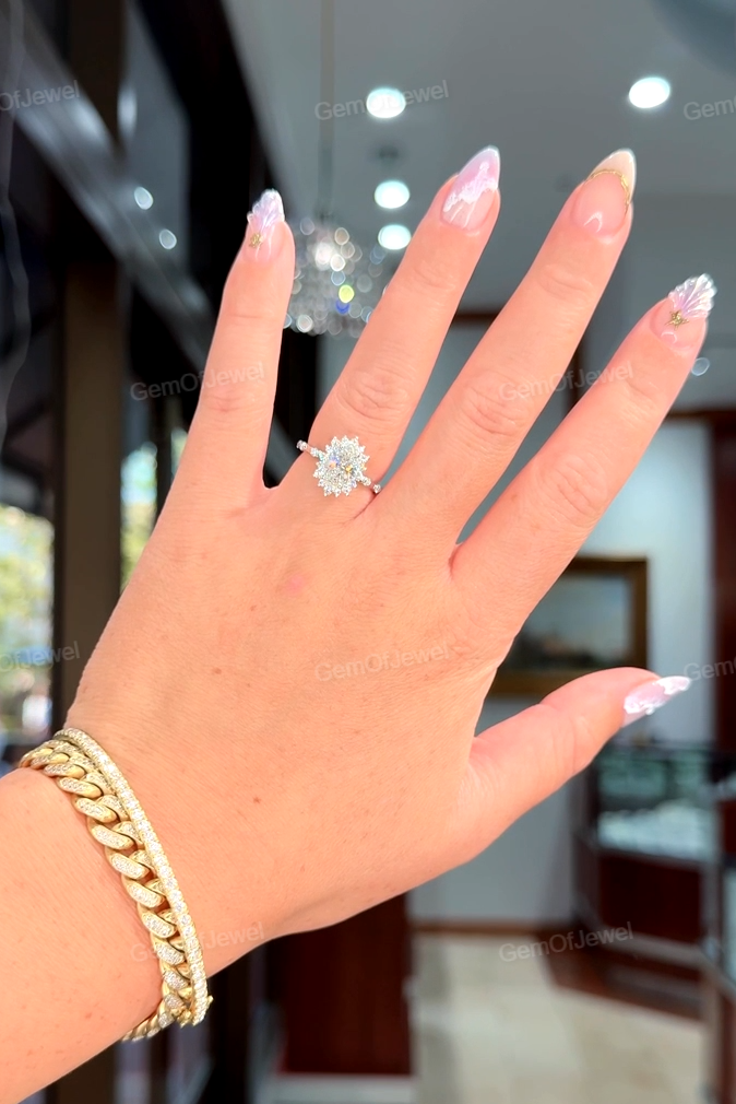 Oval Moissanite Diamond Ring, Flower Halo With Floating Bubble Diamonds Ring, Cluster Halo Pave Set Diamonds Ring, Oval Moissanite Ring