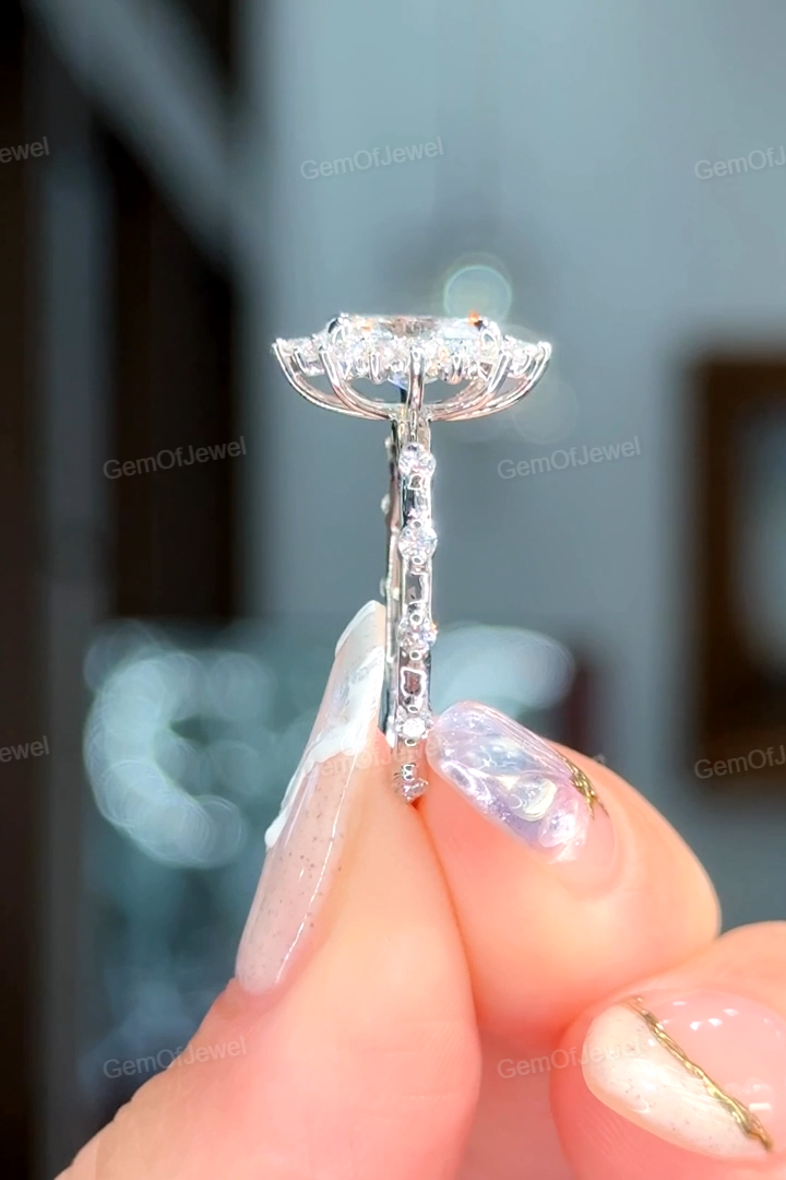 Oval Moissanite Diamond Ring, Flower Halo With Floating Bubble Diamonds Ring, Cluster Halo Pave Set Diamonds Ring, Oval Moissanite Ring