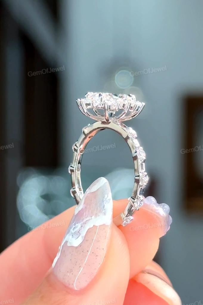 Oval Moissanite Diamond Ring, Flower Halo With Floating Bubble Diamonds Ring, Cluster Halo Pave Set Diamonds Ring, Oval Moissanite Ring
