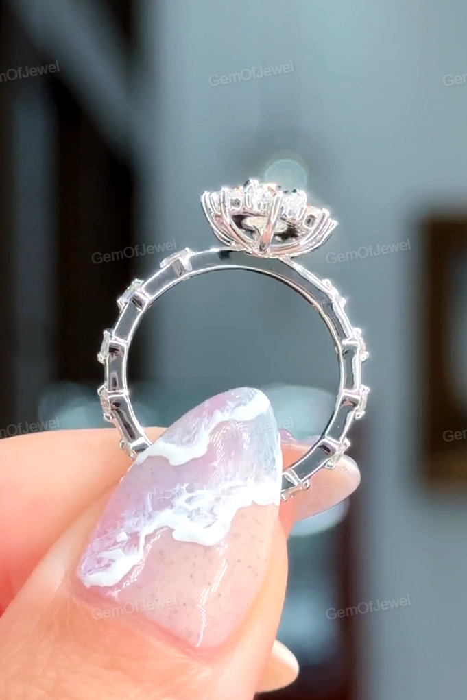 Oval Moissanite Diamond Ring, Flower Halo With Floating Bubble Diamonds Ring, Cluster Halo Pave Set Diamonds Ring, Oval Moissanite Ring