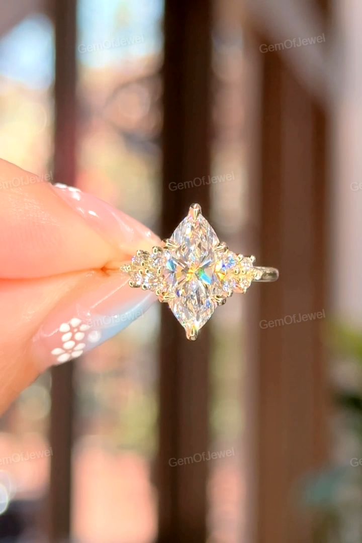 2CT Marquise Ring With Side Round Moissanite Diamond, 2CT Lotus Prong Diamond Ring For Her, Petal Prong Ring, Elegant 2CT Marquise Ring Gift