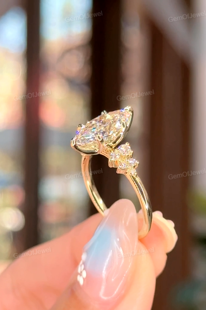 2CT Marquise Ring With Side Round Moissanite Diamond, 2CT Lotus Prong Diamond Ring For Her, Petal Prong Ring, Elegant 2CT Marquise Ring Gift