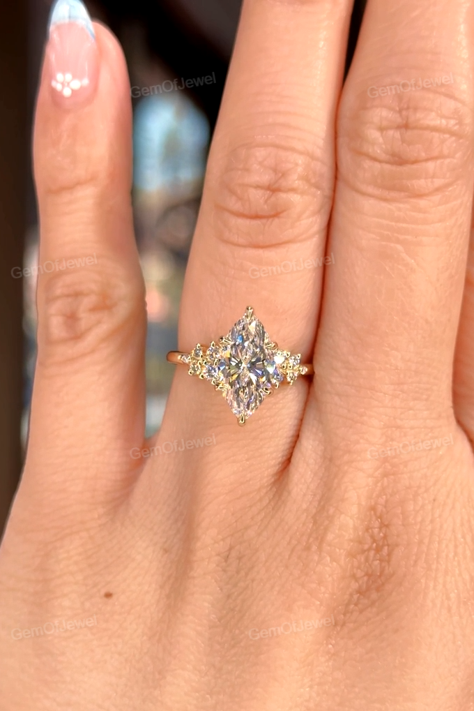 2CT Marquise Ring With Side Round Moissanite Diamond, 2CT Lotus Prong Diamond Ring For Her, Petal Prong Ring, Elegant 2CT Marquise Ring Gift