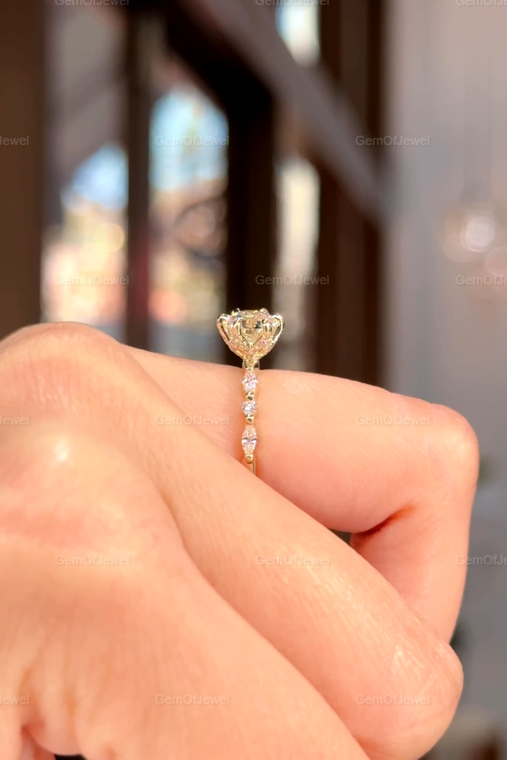 1CT Round Diamond Moissanite Engagement Ring, Lotus Prong With Side Stone Marquise And Round Diamond Bubble Band, Petal Prong Diamond Ring